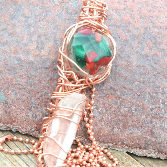 Conceptual Subculture Other - Malachite Coral Lemurian Crystal Herkimer Pendant